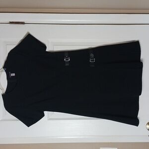 VENUS Black Dress with Short Sleeves Pleated Bottom Faux Leather Straps Size 10